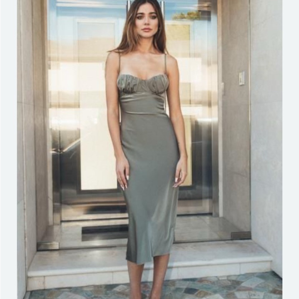 Olive Satin Midi Slip Dress with Spaghetti Straps